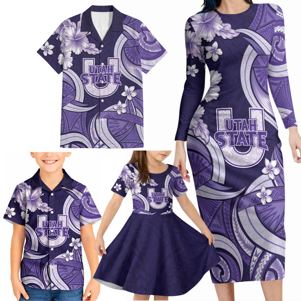 Utah State Polynesian Heritage Family Matching Long Sleeve Bodycon Dress and Hawaiian Shirt Floral Tribal Pattern Tropical Flowers