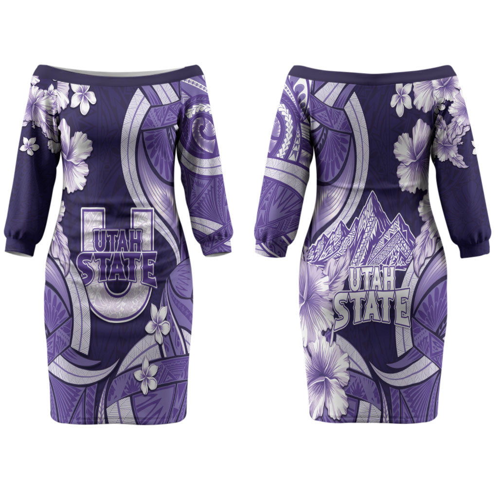 Utah State Polynesian Heritage Family Matching Off The Shoulder Long Sleeve Dress and Hawaiian Shirt Floral Tribal Pattern Tropical Flowers