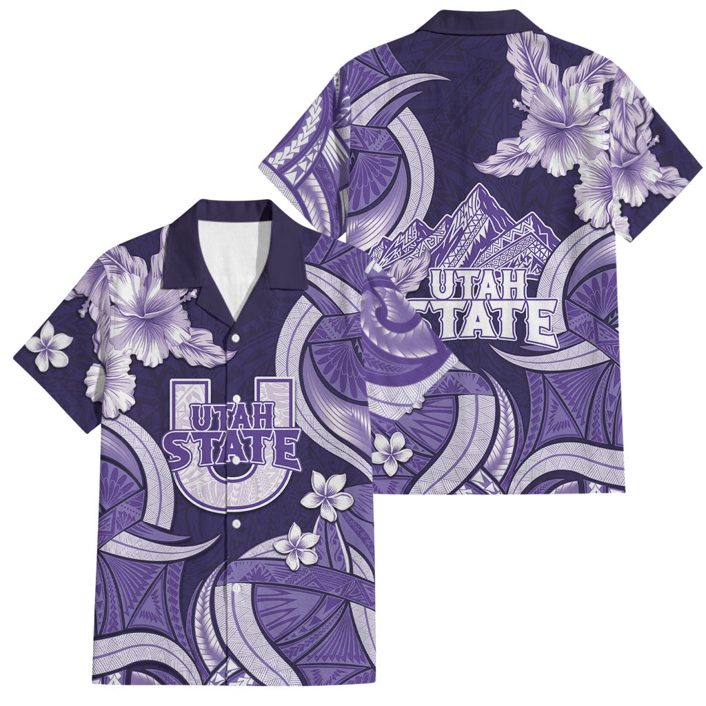 Utah State Polynesian Heritage Family Matching Off The Shoulder Long Sleeve Dress and Hawaiian Shirt Floral Tribal Pattern Tropical Flowers