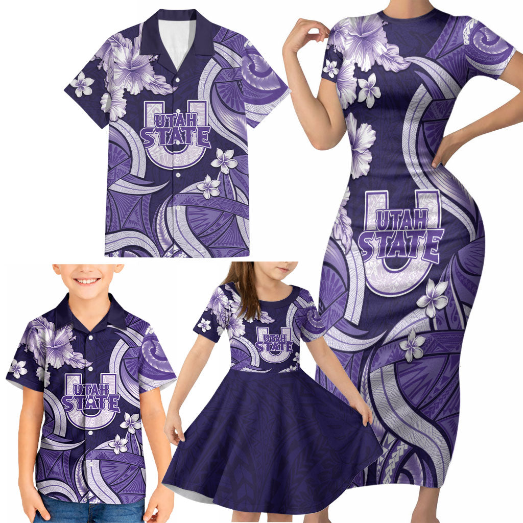 Utah State Polynesian Heritage Family Matching Short Sleeve Bodycon Dress and Hawaiian Shirt Floral Tribal Pattern Tropical Flowers