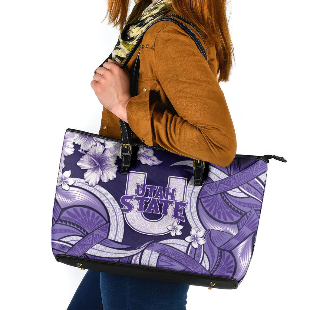 Utah State Polynesian Heritage Leather Tote Bag Floral Tribal Pattern Tropical Flowers