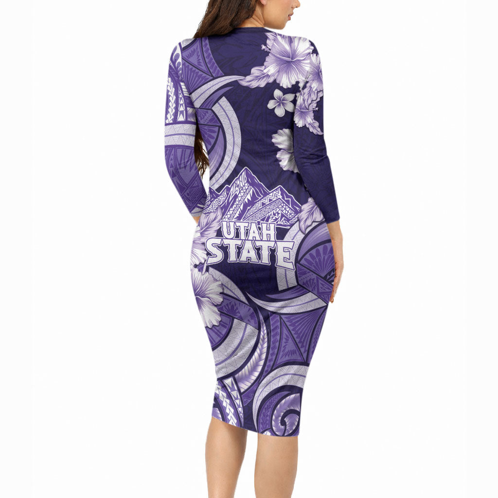 Utah State Polynesian Heritage Long Sleeve Bodycon Dress Floral Tribal Pattern Tropical Flowers