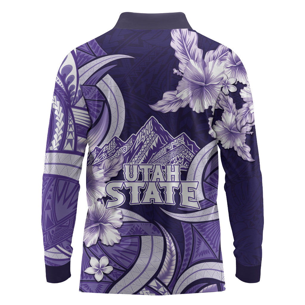 Utah State Polynesian Heritage Long Sleeve Polo Shirt Floral Tribal Pattern Tropical Flowers