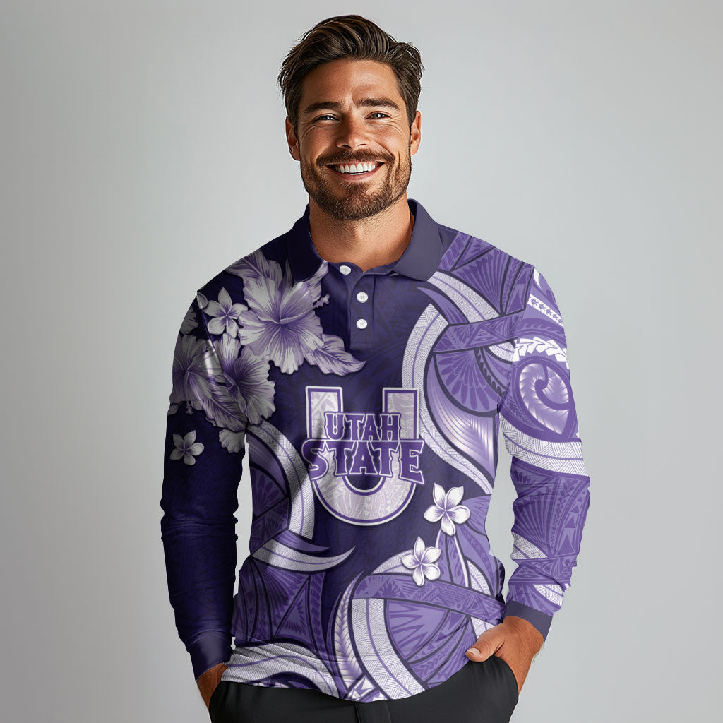 Utah State Polynesian Heritage Long Sleeve Polo Shirt Floral Tribal Pattern Tropical Flowers
