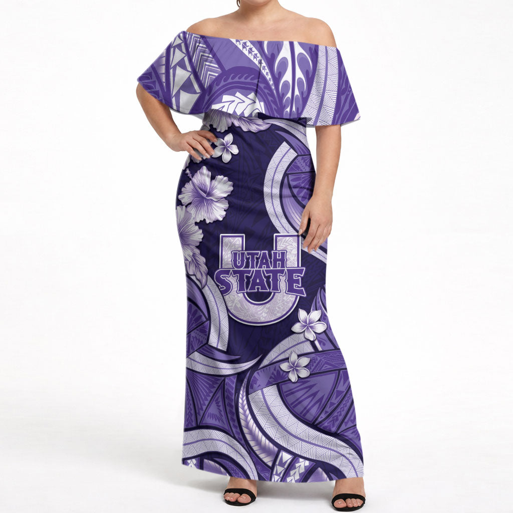 Utah State Polynesian Heritage Off Shoulder Maxi Dress Floral Tribal Pattern Tropical Flowers