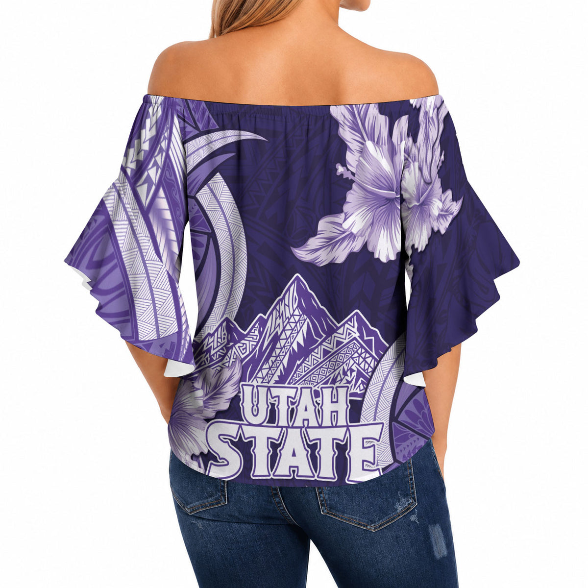 Utah State Polynesian Heritage Off Shoulder Wrap Waist Top Floral Tribal Pattern Tropical Flowers