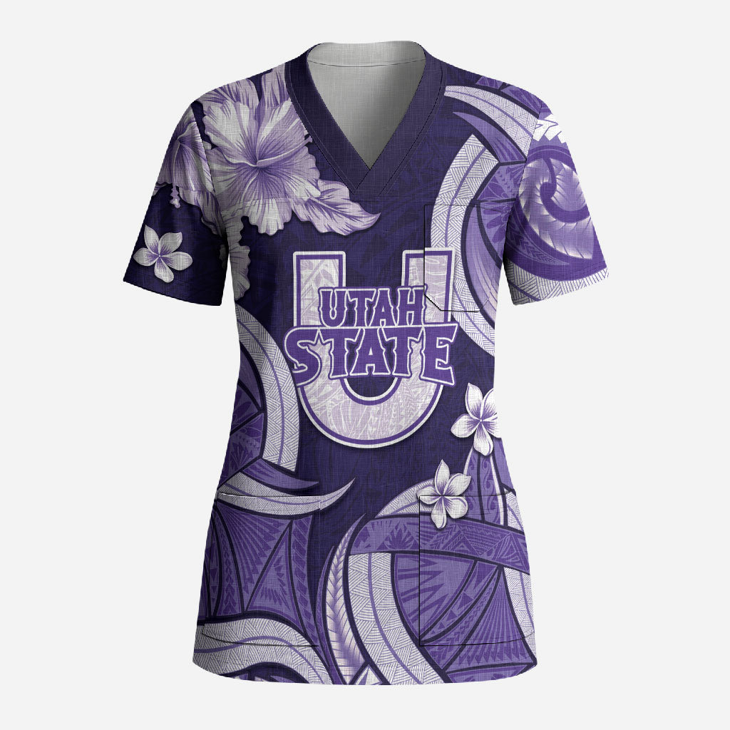 Utah State Polynesian Heritage Scrub Top Floral Tribal Pattern Tropical Flowers