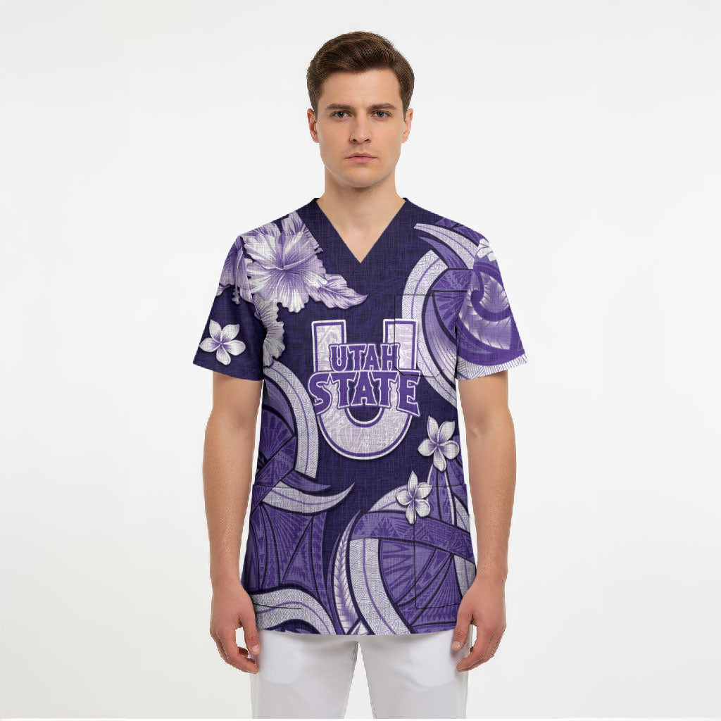 Utah State Polynesian Heritage Scrub Top Floral Tribal Pattern Tropical Flowers
