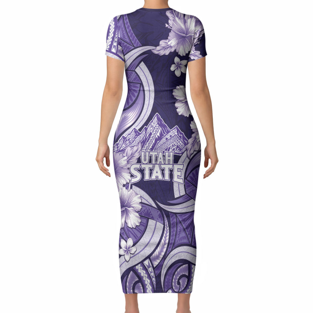 Utah State Polynesian Heritage Short Sleeve Bodycon Dress Floral Tribal Pattern Tropical Flowers