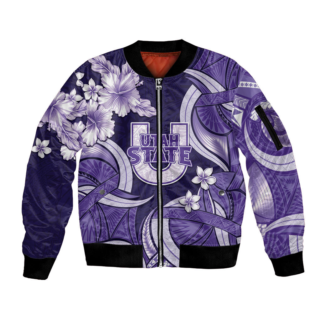 Utah State Polynesian Heritage Sleeve Zip Bomber Jacket Floral Tribal Pattern Tropical Flowers
