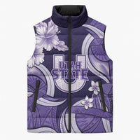 Utah State Polynesian Heritage Sleeveless Puffer Jacket Floral Tribal Pattern Tropical Flowers