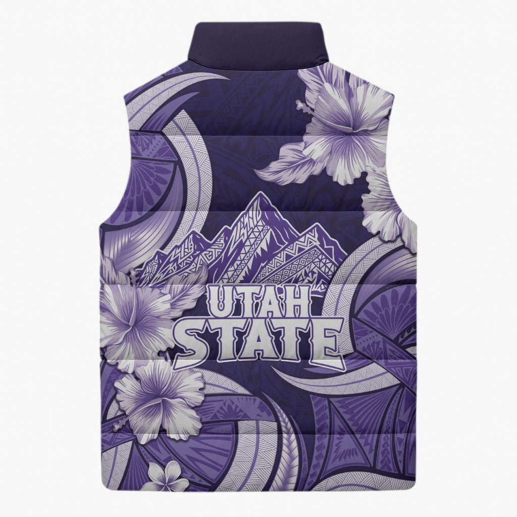 Utah State Polynesian Heritage Sleeveless Puffer Jacket Floral Tribal Pattern Tropical Flowers
