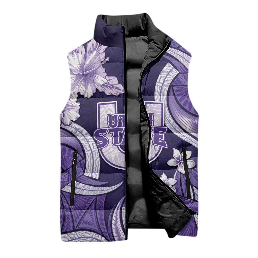 Utah State Polynesian Heritage Sleeveless Puffer Jacket Floral Tribal Pattern Tropical Flowers