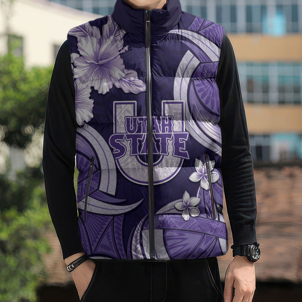 Utah State Polynesian Heritage Sleeveless Puffer Jacket Floral Tribal Pattern Tropical Flowers