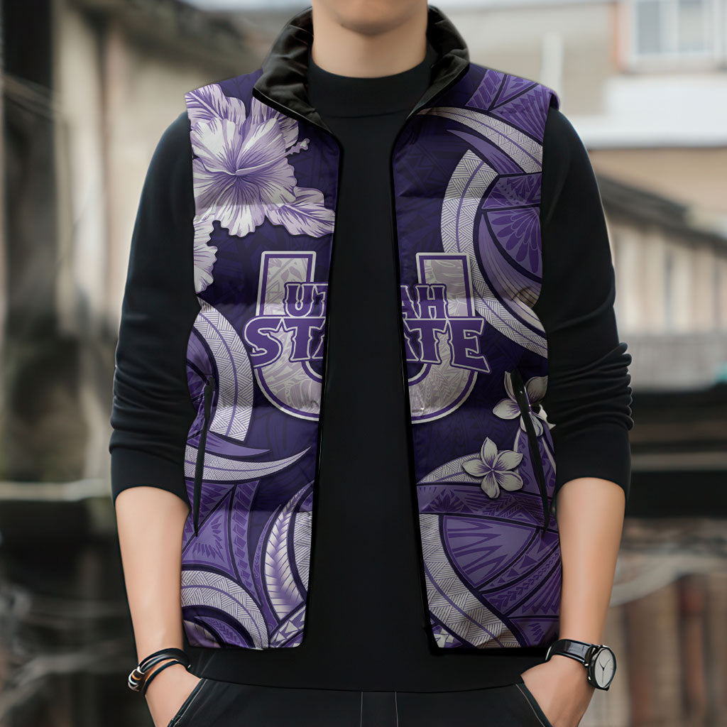 Utah State Polynesian Heritage Sleeveless Puffer Jacket Floral Tribal Pattern Tropical Flowers
