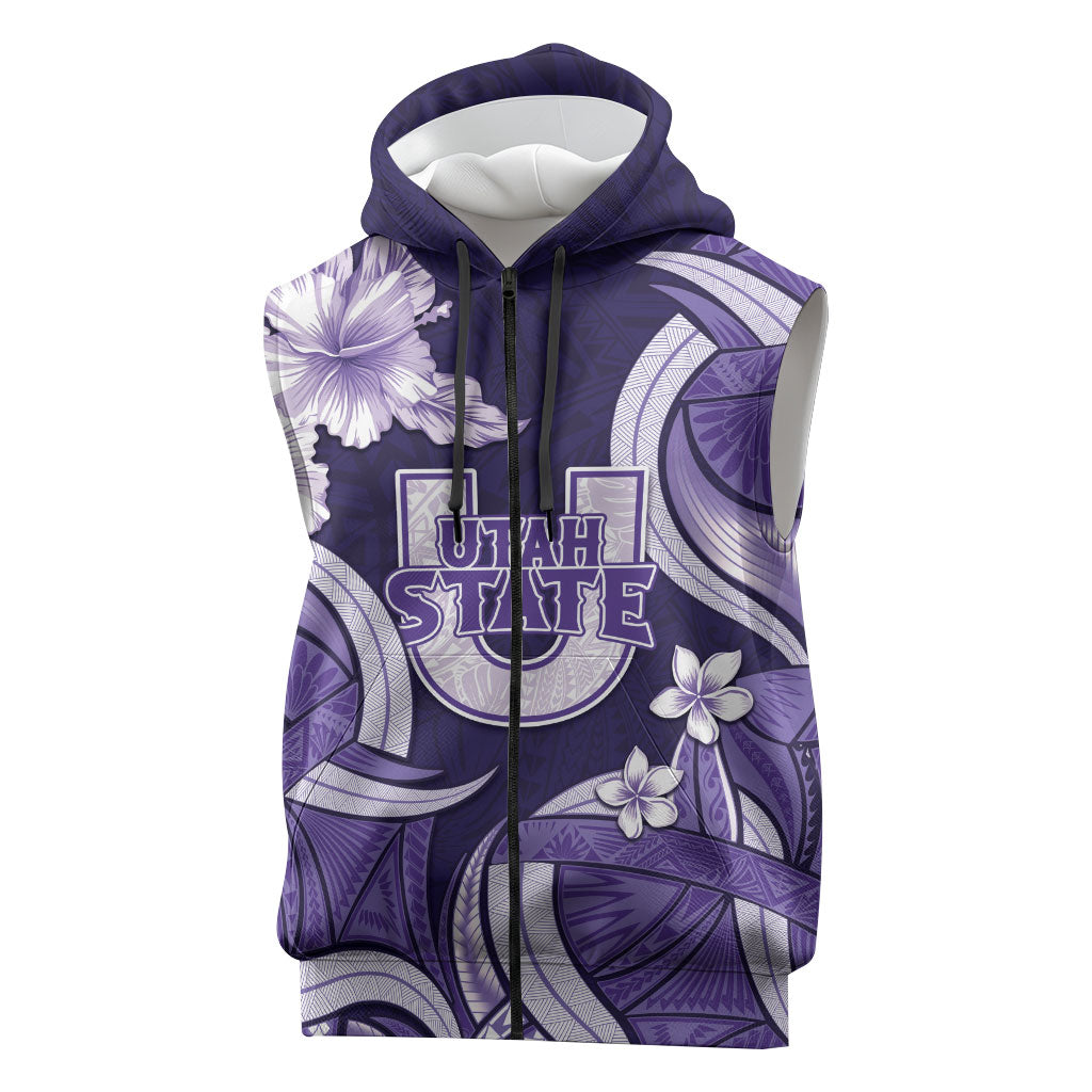 Utah State Polynesian Heritage Sleeveless Zip Hoodie Floral Tribal Pattern Tropical Flowers