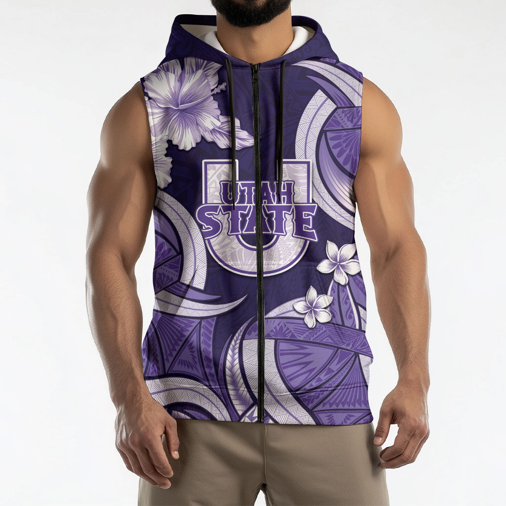 Utah State Polynesian Heritage Sleeveless Zip Hoodie Floral Tribal Pattern Tropical Flowers