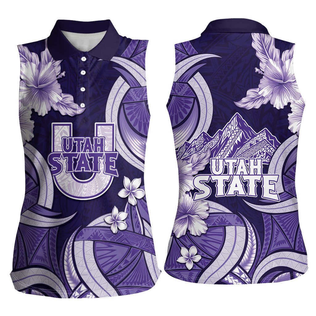 Utah State Polynesian Heritage Women Sleeveless Polo Shirt Floral Tribal Pattern Tropical Flowers