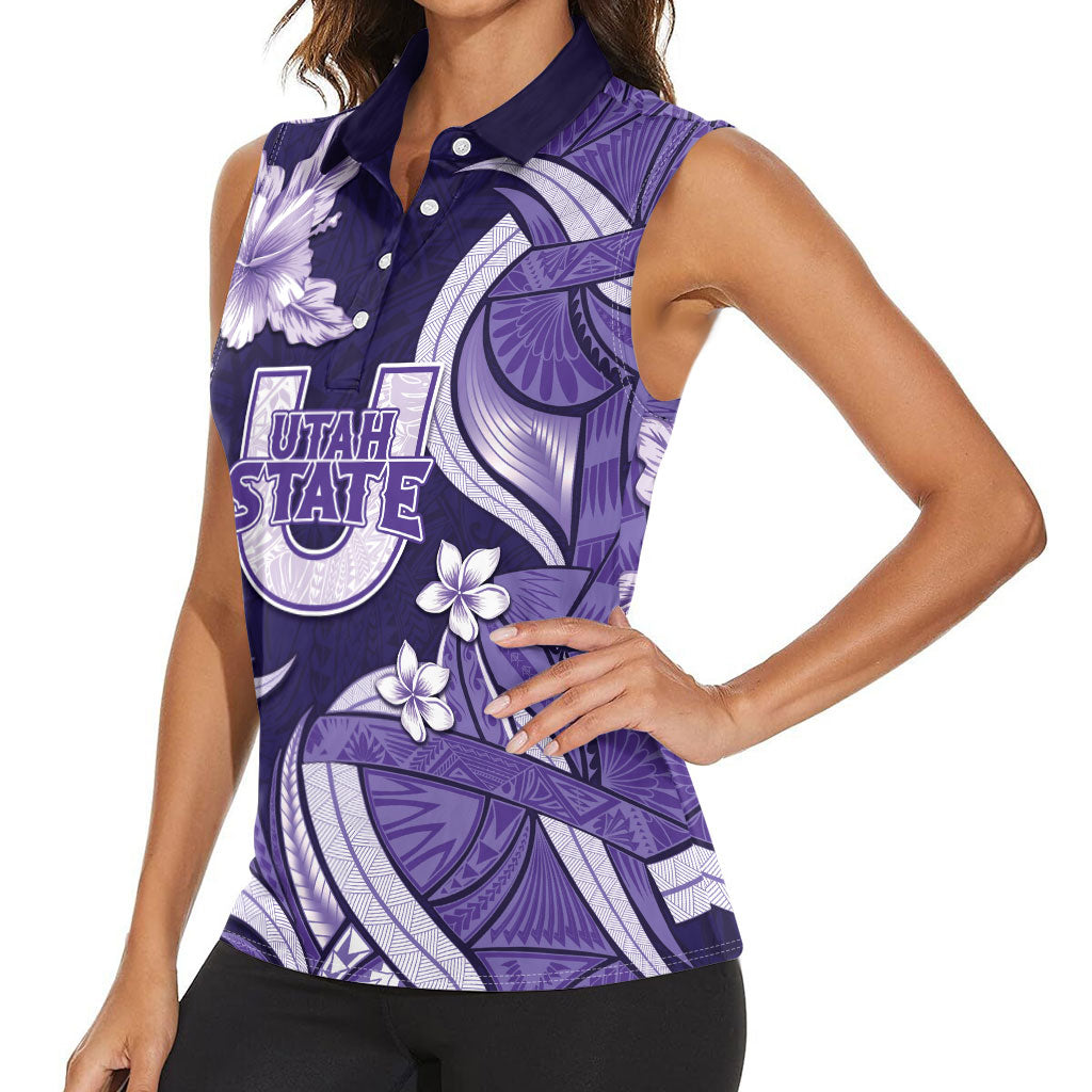 Utah State Polynesian Heritage Women Sleeveless Polo Shirt Floral Tribal Pattern Tropical Flowers