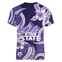 Utah State Polynesian Heritage Women V-Neck T-Shirt Floral Tribal Pattern Tropical Flowers