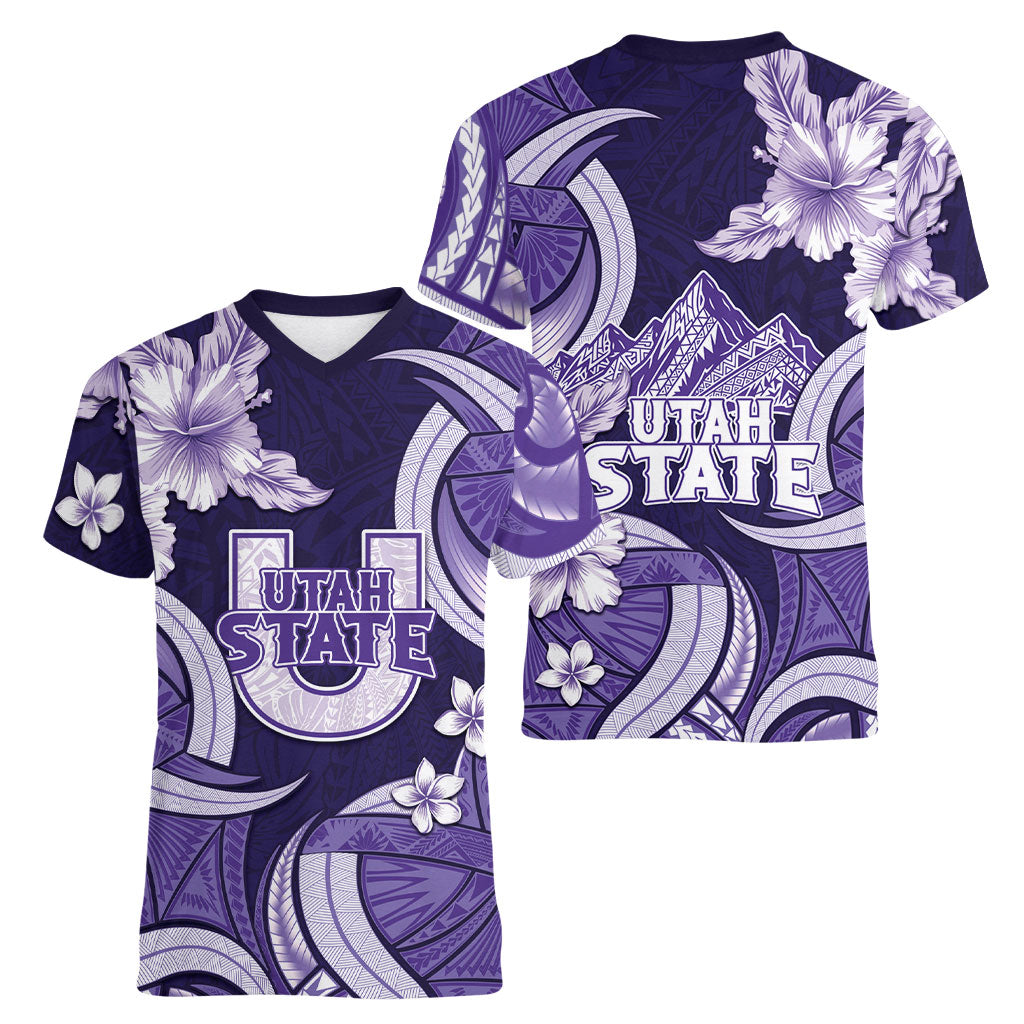 Utah State Polynesian Heritage Women V-Neck T-Shirt Floral Tribal Pattern Tropical Flowers