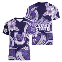 Utah State Polynesian Heritage Women V-Neck T-Shirt Floral Tribal Pattern Tropical Flowers
