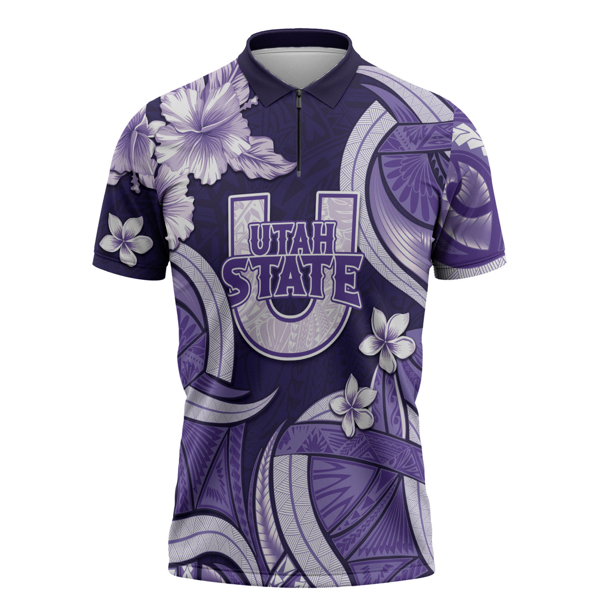 Utah State Polynesian Heritage Zipper Polo Shirt Floral Tribal Pattern Tropical Flowers