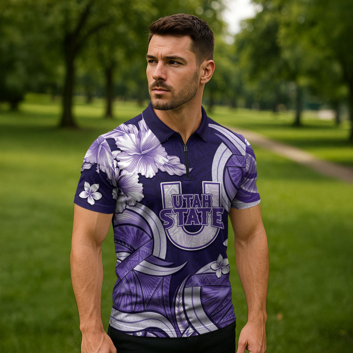 Utah State Polynesian Heritage Zipper Polo Shirt Floral Tribal Pattern Tropical Flowers