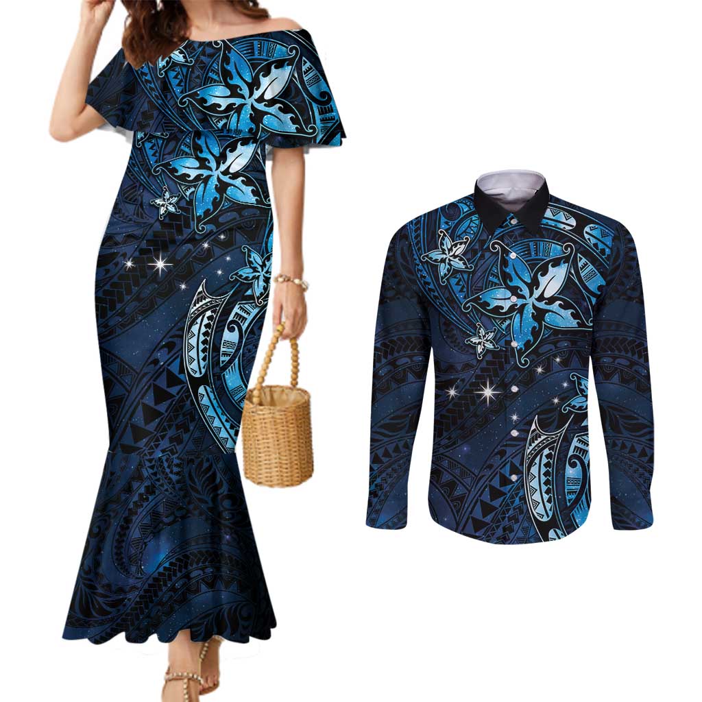 Hawaii Makahiki Season Couples Matching Mermaid Dress and Long Sleeve Button Shirt Floral Tribal Tattoo Blue Galaxy LT05 Blue - Polynesian Pride