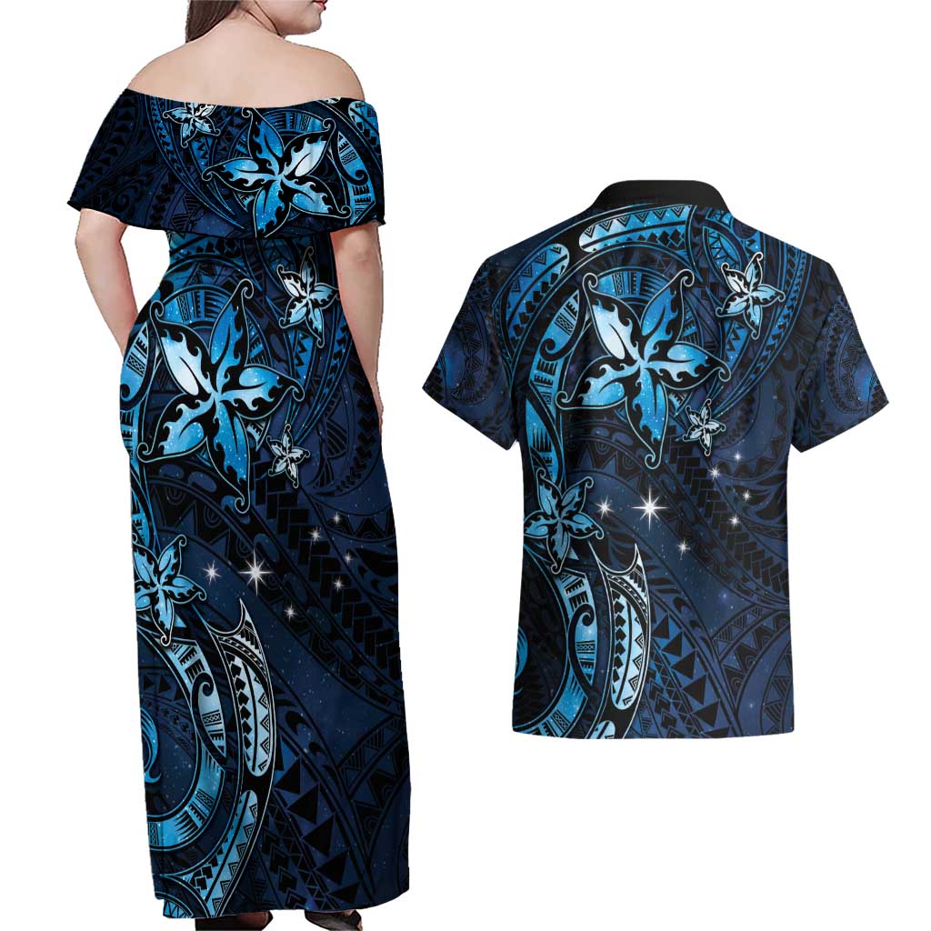 Hawaii Makahiki Season Couples Matching Off Shoulder Maxi Dress and Hawaiian Shirt Floral Tribal Tattoo Blue Galaxy