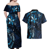 Hawaii Makahiki Season Couples Matching Off Shoulder Maxi Dress and Hawaiian Shirt Floral Tribal Tattoo Blue Galaxy