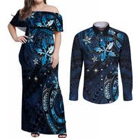 Hawaii Makahiki Season Couples Matching Off Shoulder Maxi Dress and Long Sleeve Button Shirt Floral Tribal Tattoo Blue Galaxy
