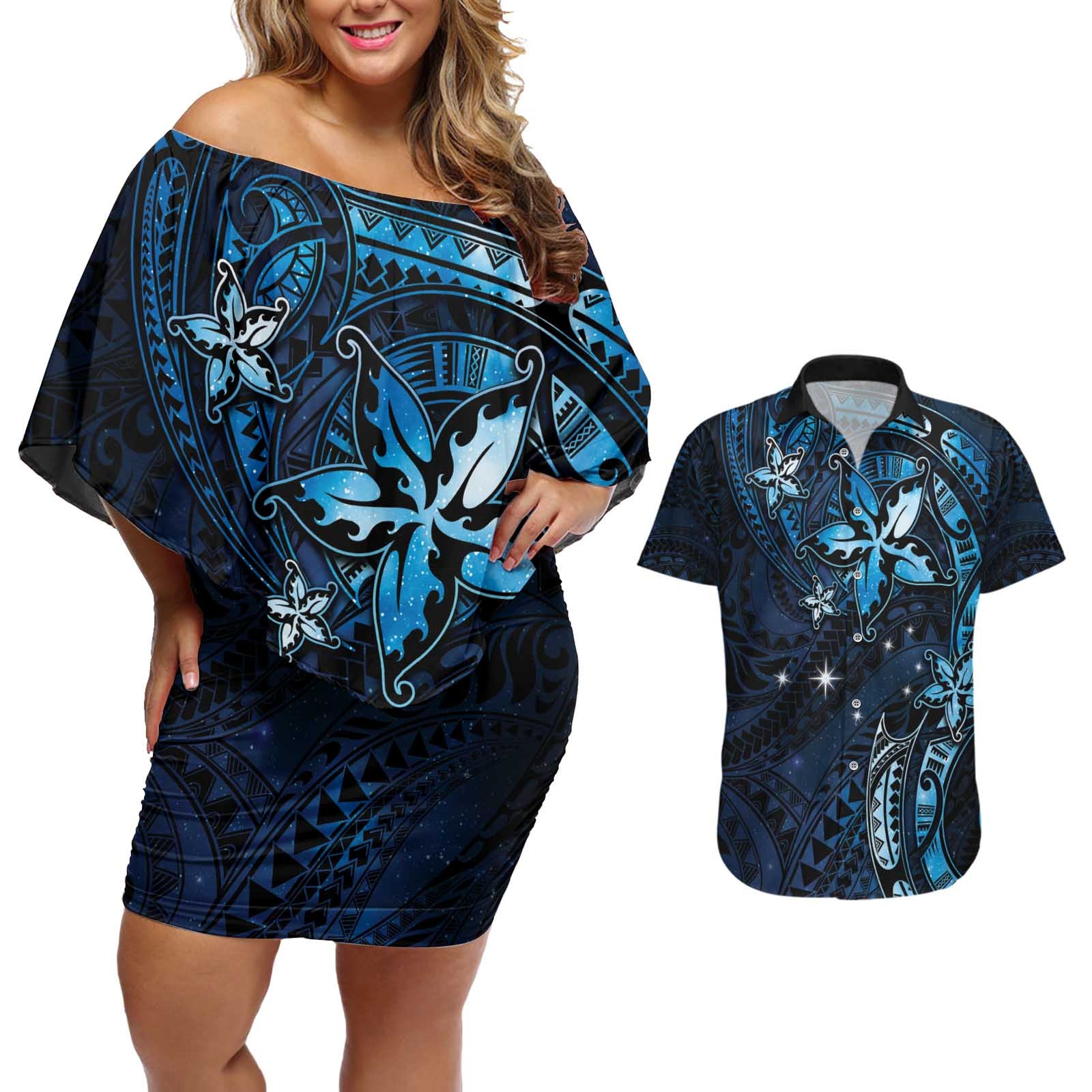 Hawaii Makahiki Season Couples Matching Off Shoulder Short Dress and Hawaiian Shirt Floral Tribal Tattoo Blue Galaxy LT05 Blue - Polynesian Pride