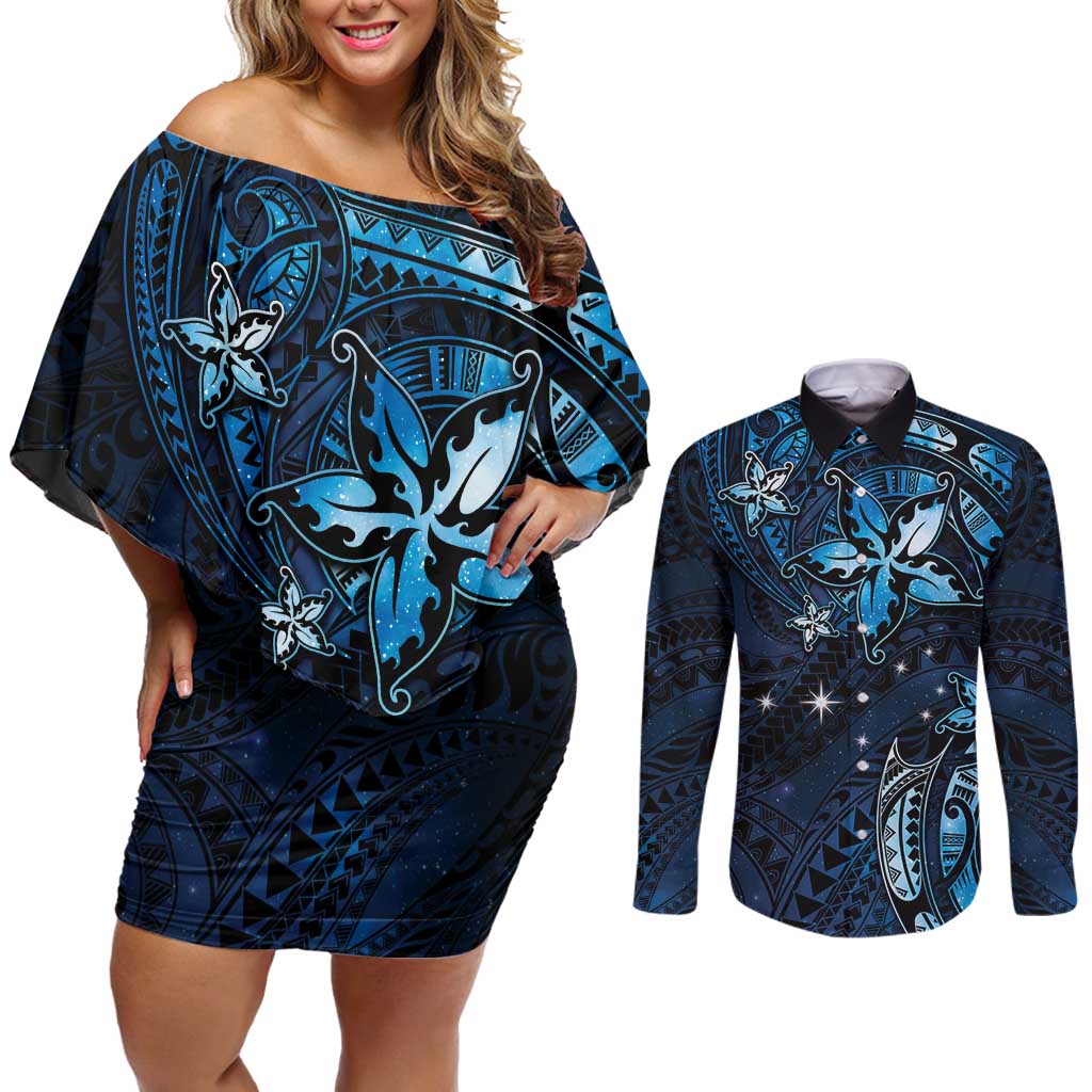 Hawaii Makahiki Season Couples Matching Off Shoulder Short Dress and Long Sleeve Button Shirt Floral Tribal Tattoo Blue Galaxy LT05 Blue - Polynesian Pride