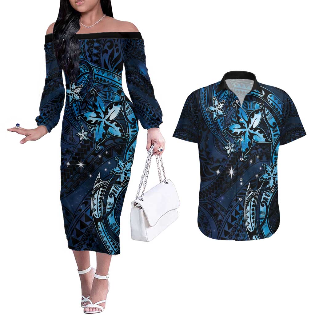 Hawaii Makahiki Season Couples Matching Off The Shoulder Long Sleeve Dress and Hawaiian Shirt Floral Tribal Tattoo Blue Galaxy LT05 Blue - Polynesian Pride