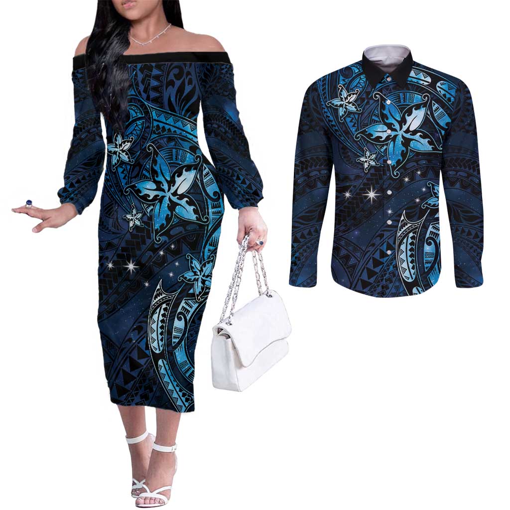 Hawaii Makahiki Season Couples Matching Off The Shoulder Long Sleeve Dress and Long Sleeve Button Shirt Floral Tribal Tattoo Blue Galaxy LT05 Blue - Polynesian Pride