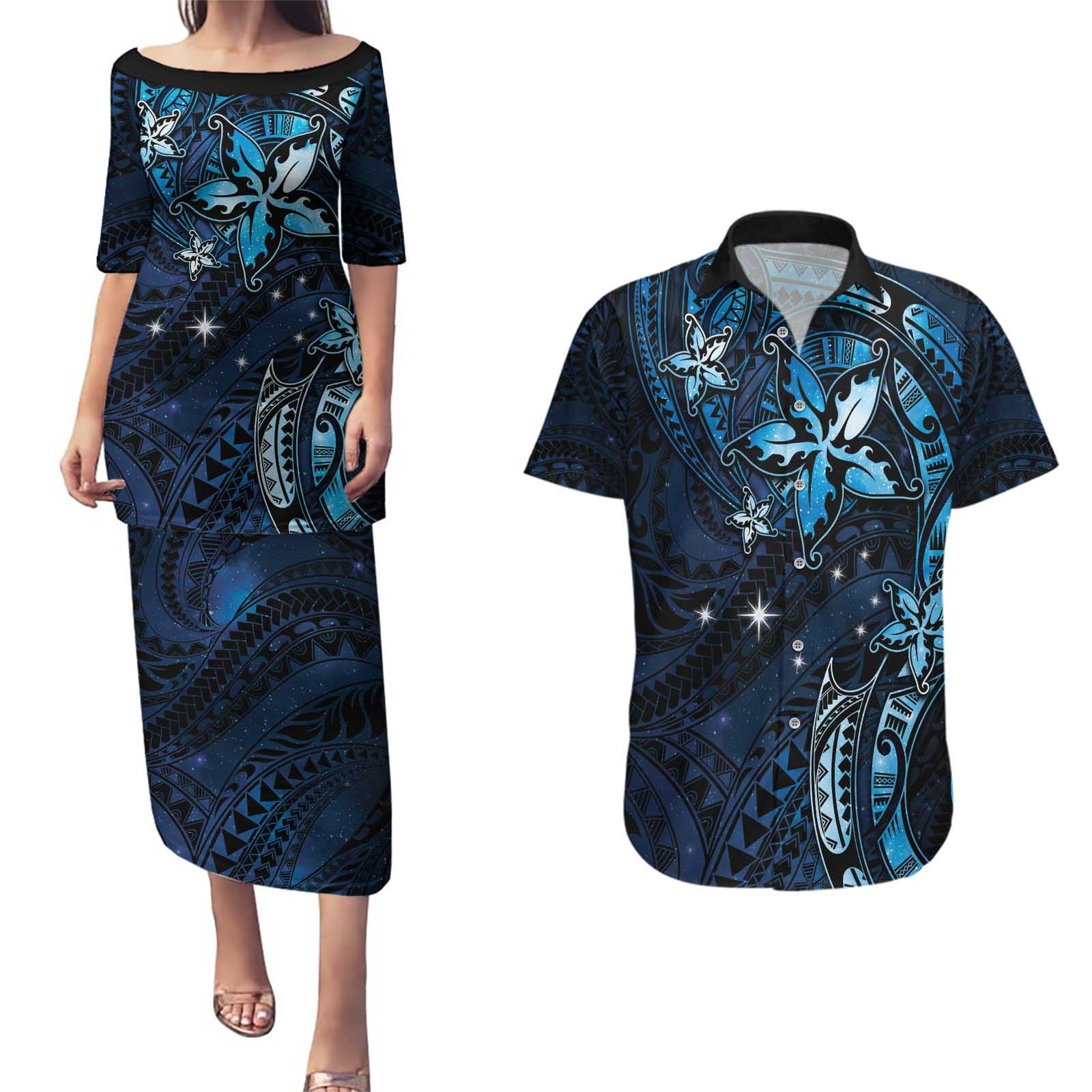 Hawaii Makahiki Season Couples Matching Puletasi and Hawaiian Shirt Floral Tribal Tattoo Blue Galaxy LT05 Blue - Polynesian Pride