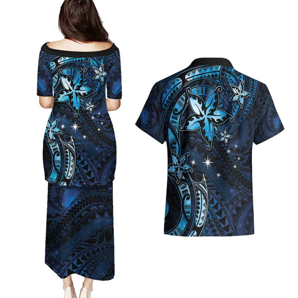 Hawaii Makahiki Season Couples Matching Puletasi and Hawaiian Shirt Floral Tribal Tattoo Blue Galaxy