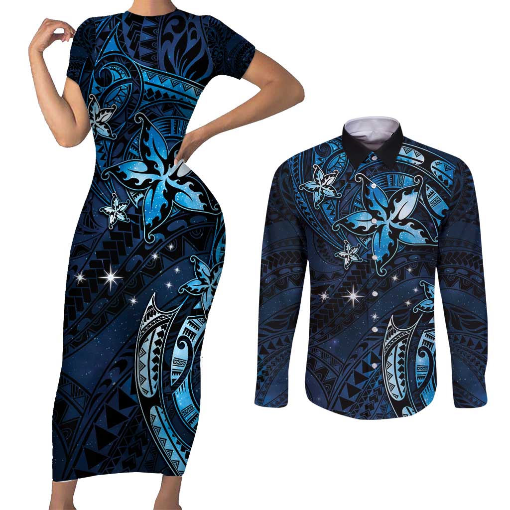 Hawaii Makahiki Season Couples Matching Short Sleeve Bodycon Dress and Long Sleeve Button Shirt Floral Tribal Tattoo Blue Galaxy LT05 Blue - Polynesian Pride