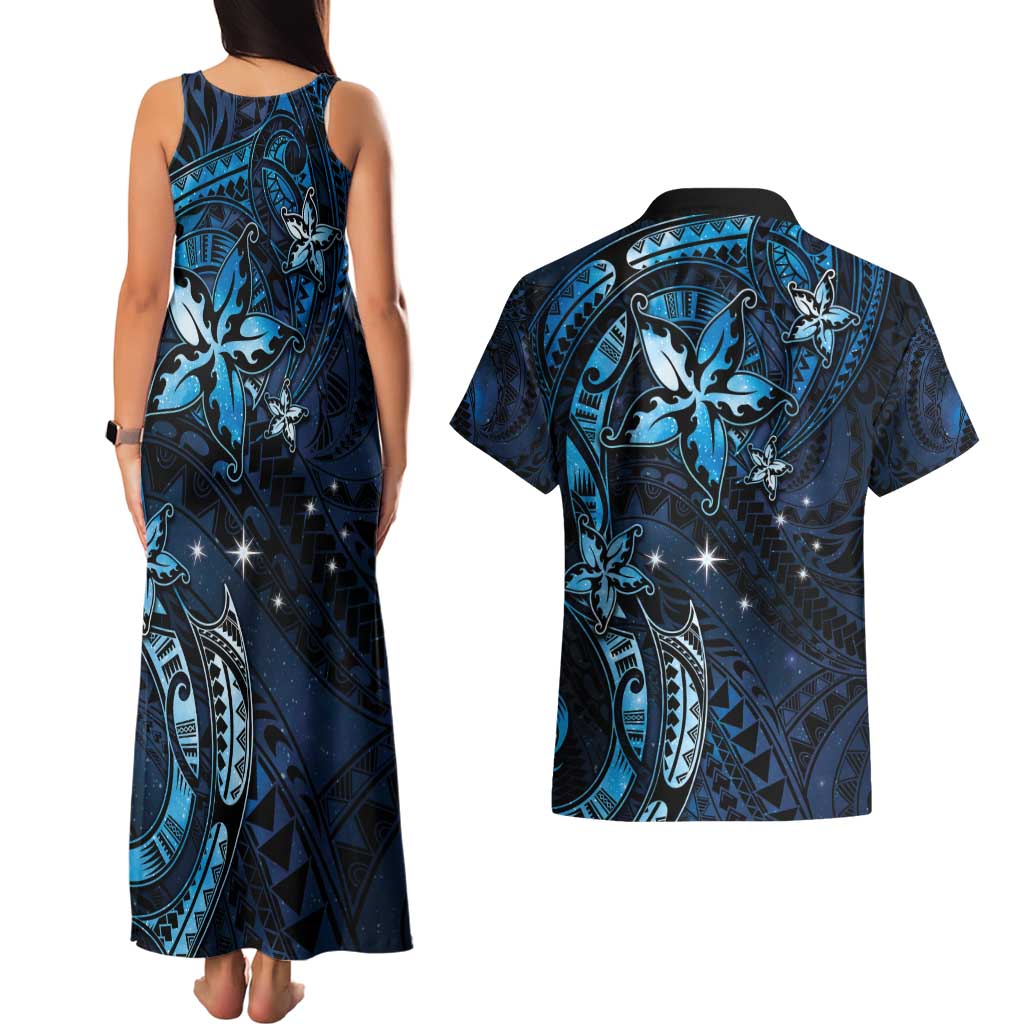 Hawaii Makahiki Season Couples Matching Tank Maxi Dress and Hawaiian Shirt Floral Tribal Tattoo Blue Galaxy