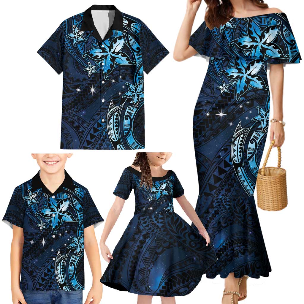 Hawaii Makahiki Season Family Matching Mermaid Dress and Hawaiian Shirt Floral Tribal Tattoo Blue Galaxy LT05 - Polynesian Pride