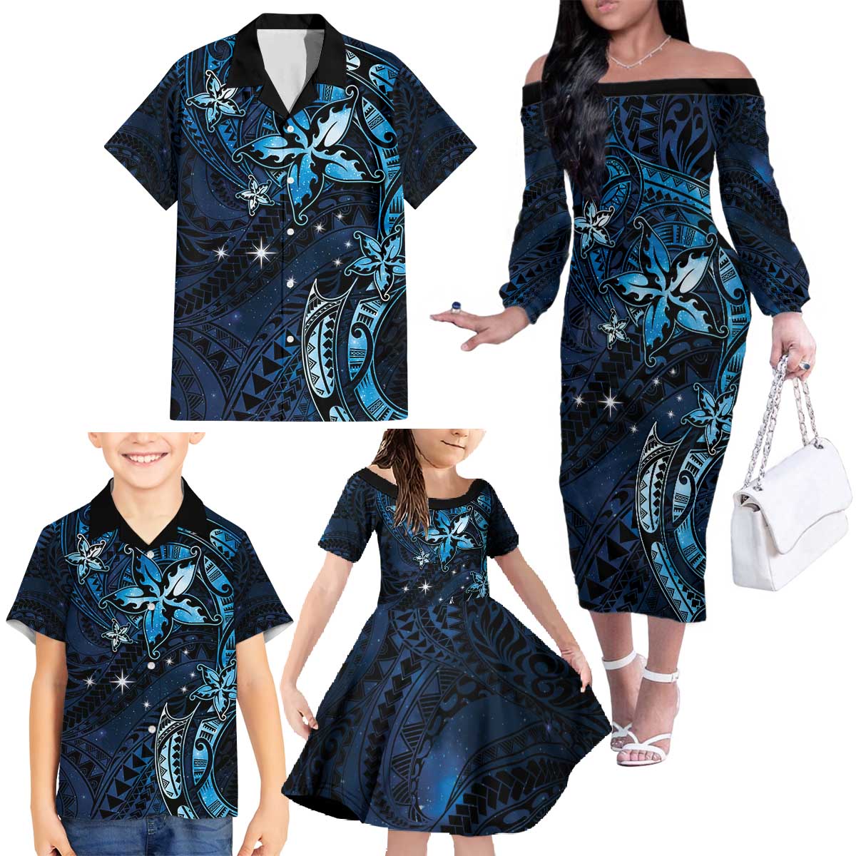 Hawaii Makahiki Season Family Matching Off The Shoulder Long Sleeve Dress and Hawaiian Shirt Floral Tribal Tattoo Blue Galaxy LT05 - Polynesian Pride