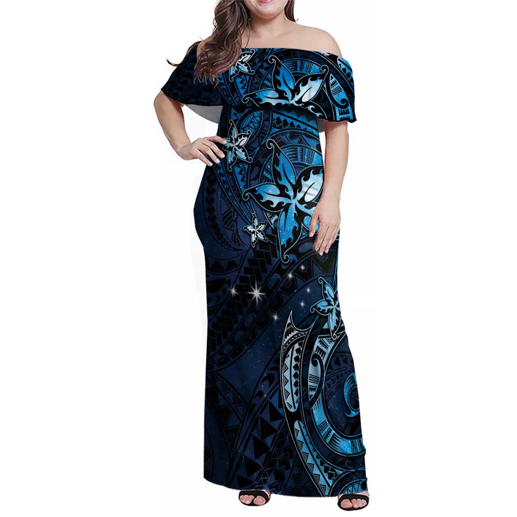 Hawaii Makahiki Season Family Matching Off Shoulder Maxi Dress and Hawaiian Shirt Floral Tribal Tattoo Blue Galaxy