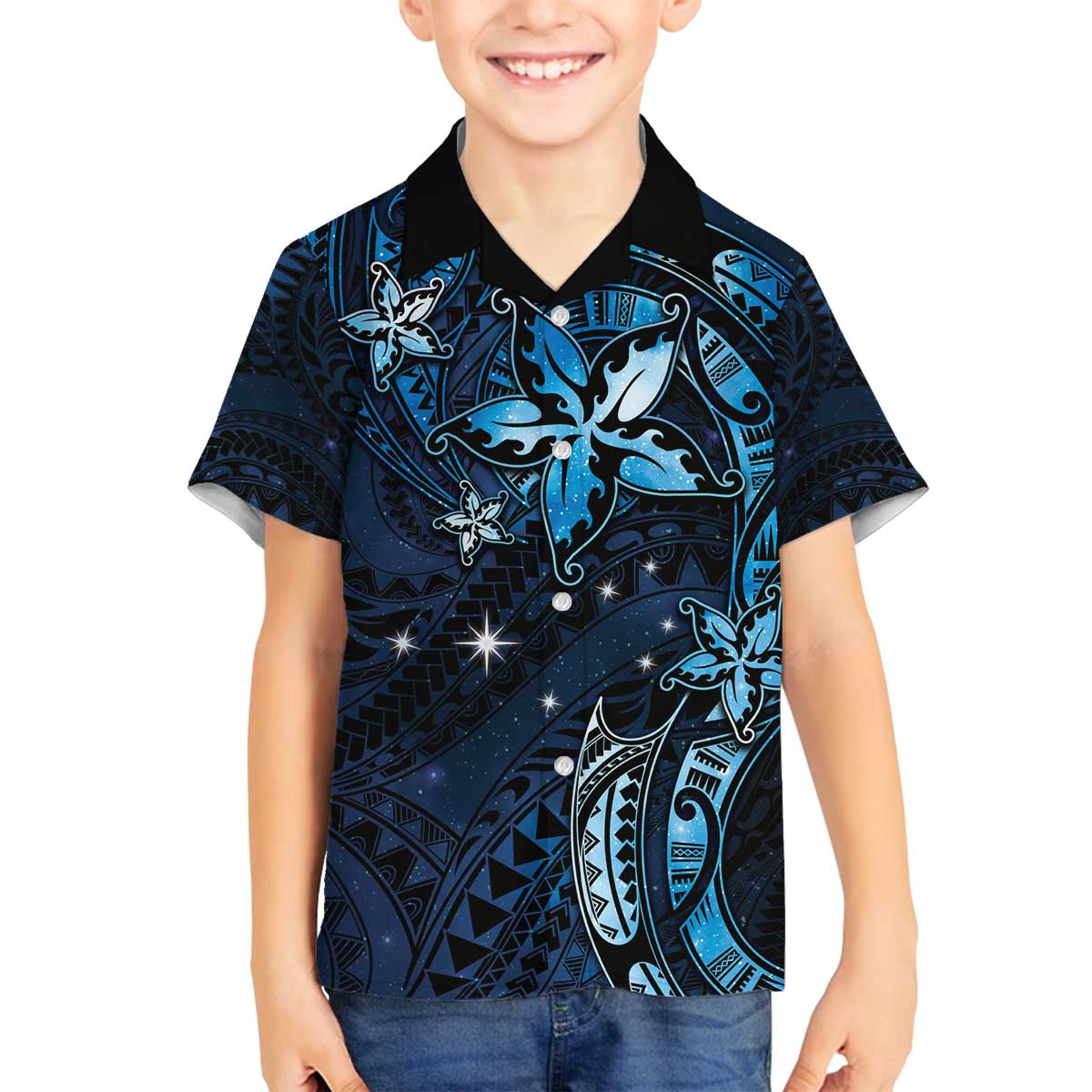 Hawaii Makahiki Season Family Matching Puletasi and Hawaiian Shirt Floral Tribal Tattoo Blue Galaxy