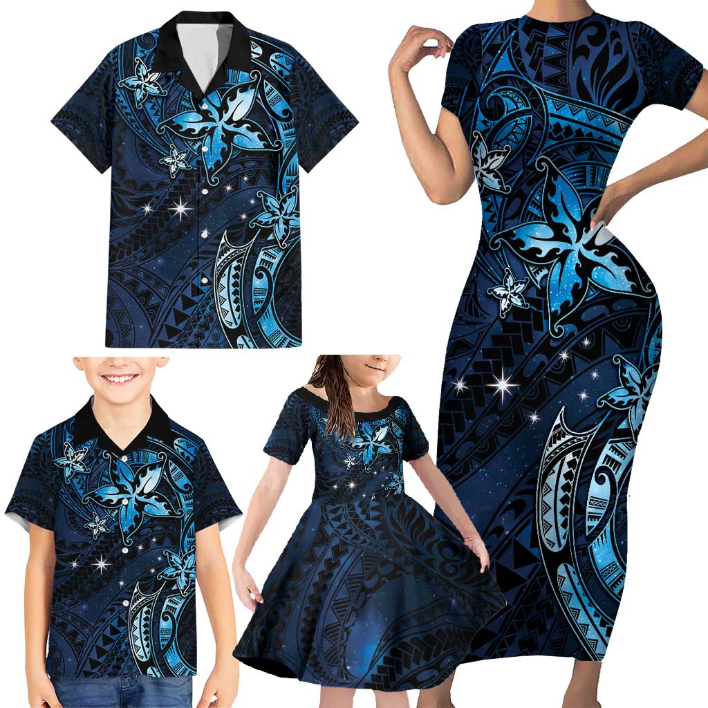 Hawaii Makahiki Season Family Matching Short Sleeve Bodycon Dress and Hawaiian Shirt Floral Tribal Tattoo Blue Galaxy LT05 - Polynesian Pride