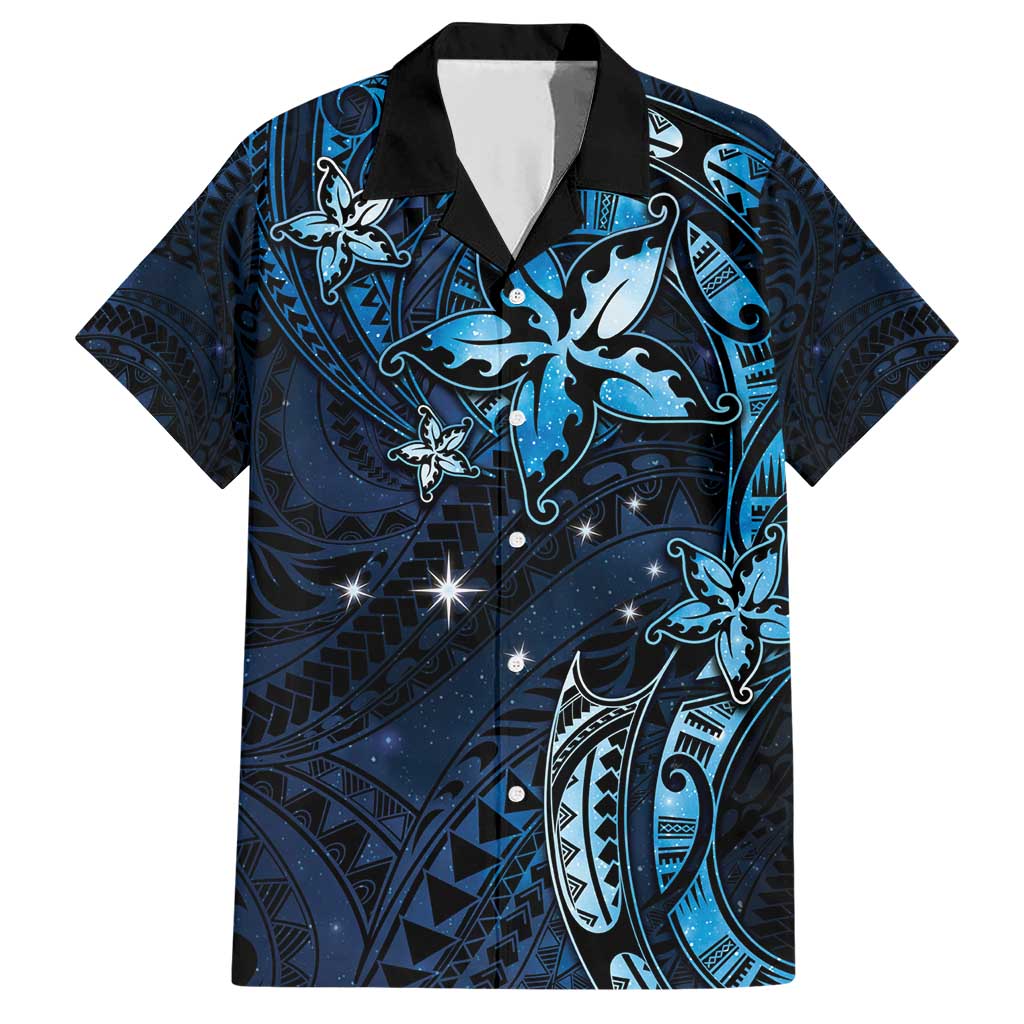 Hawaii Makahiki Season Family Matching Short Sleeve Bodycon Dress and Hawaiian Shirt Floral Tribal Tattoo Blue Galaxy LT05 Dad's Shirt - Short Sleeve Blue - Polynesian Pride
