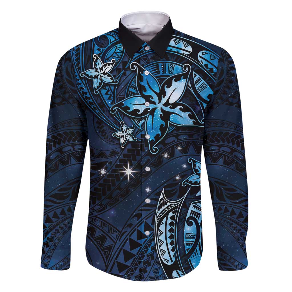 Hawaii Makahiki Season Family Matching Short Sleeve Bodycon Dress and Hawaiian Shirt Floral Tribal Tattoo Blue Galaxy LT05 Dad's Shirt - Long Sleeve Blue - Polynesian Pride