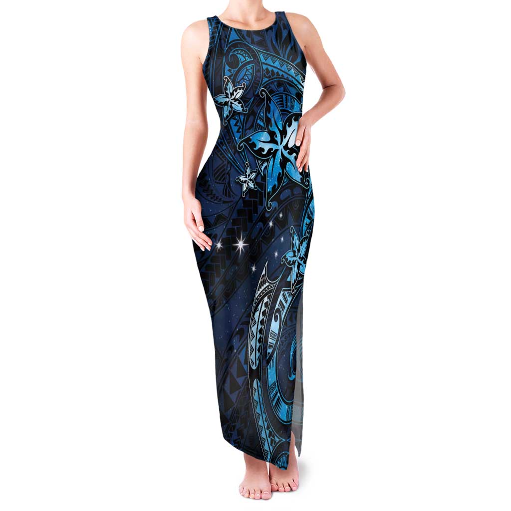 Hawaii Makahiki Season Family Matching Tank Maxi Dress and Hawaiian Shirt Floral Tribal Tattoo Blue Galaxy