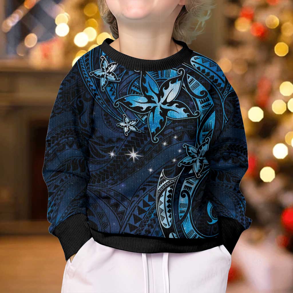 Hawaii Makahiki Season Kid Ugly Christmas Sweater Floral Tribal Tattoo Blue Galaxy