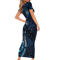 Hawaii Makahiki Season Short Sleeve Bodycon Dress Floral Tribal Tattoo Blue Galaxy LT05 - Polynesian Pride